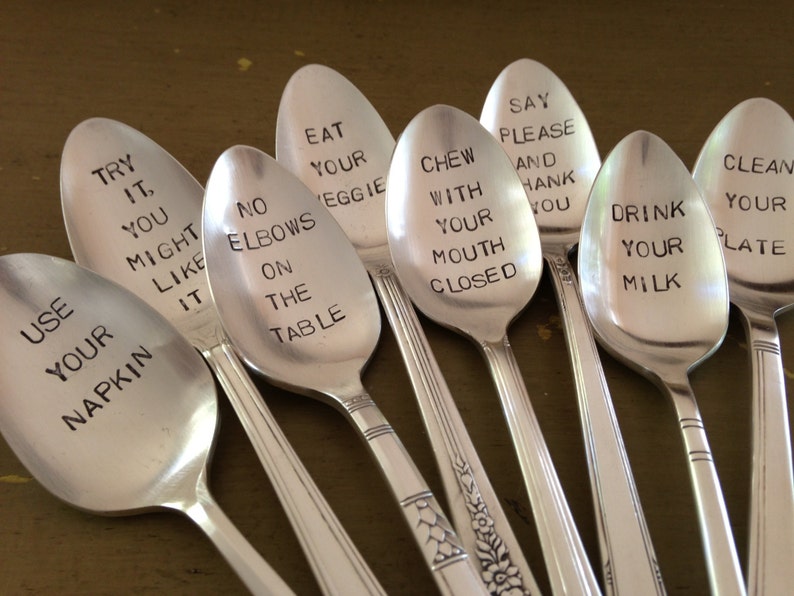 Table Manners Set of 8 Recycled Silverware Spoons Hand Stamped Etsy