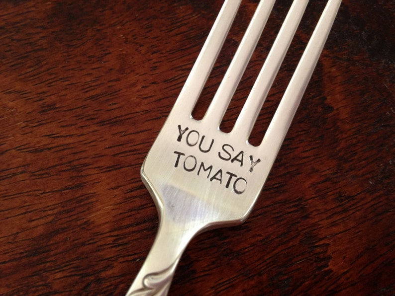 recycled vintage silverware hand stamped fork You Say Tomato image 1