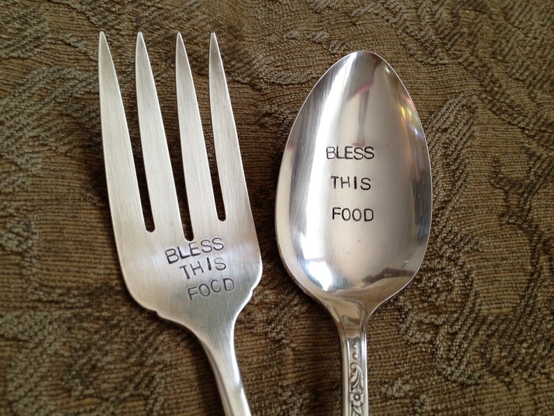 recycled silverware Bless this Food hand stamped large serving fork and spoon set image 1