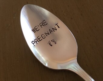 Holy S*%@   We're Pregnant    vintage hand stamped spoon  pregnancy announcement