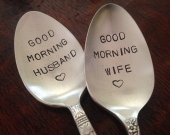Good Morning Husband and Wife    Spoons Hand Stamped Vintage Silverplate