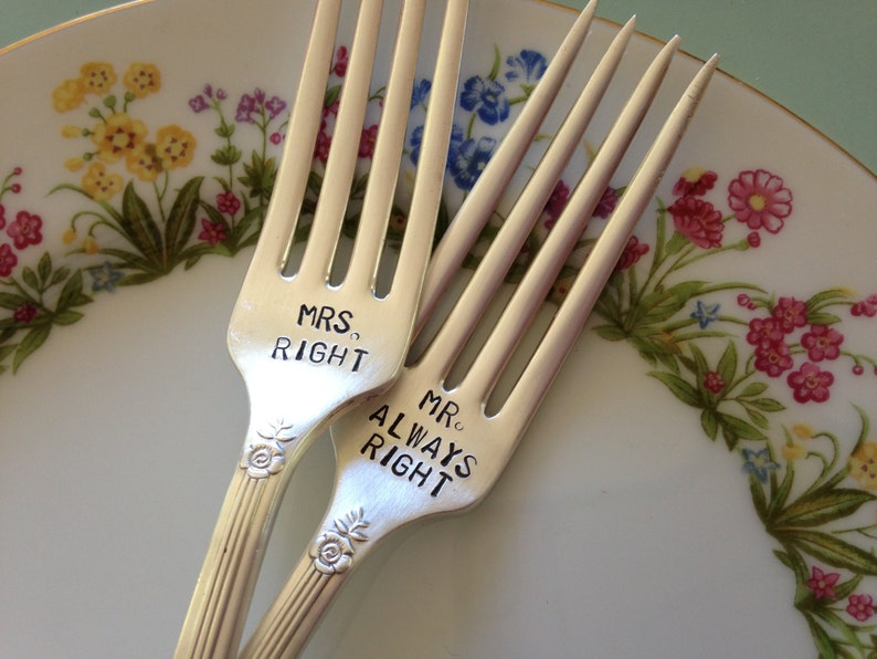 vintage silverware hand stamped wedding fork cake fork Mrs Right and Mr Always Right image 2