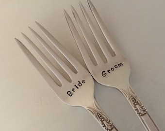 recycled silverware... Bride & Groom Wedding Forks hand stamped bridal accessory