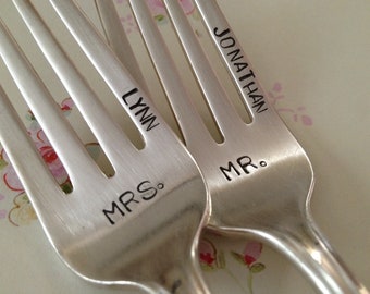 vintage silverware hand stamped pastry fork cake fork  Mr. and Mrs.