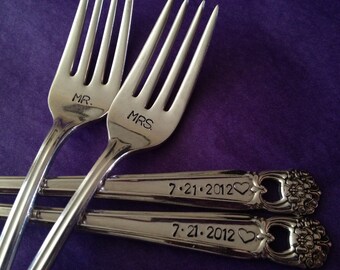 Mr and Mrs vintage recycled silverware hand stamped wedding fork cake fork