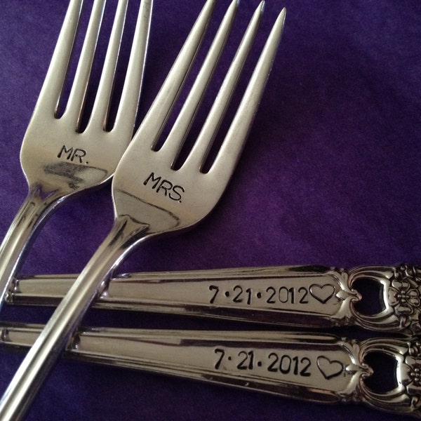 Mr and Mrs vintage recycled silverware hand stamped wedding fork cake fork