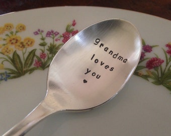 Grandma Loves You   Hand Stamped Personalized Vintage Childs silver spoon