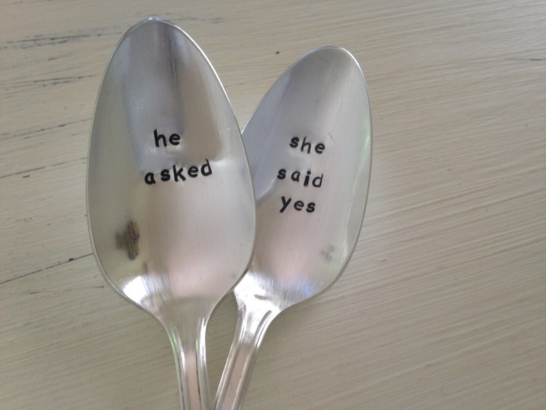 He Asked She Said Yes Hand Stamped Vintage Spoons for couples, wedding spoons Engagement Announcement image 3