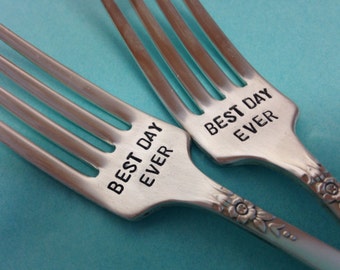 Best Day Ever    recycled silverware  vintage silverware hand stamped pastry fork cake fork