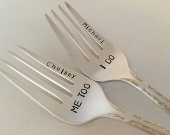 I Do  Me Too   vintage silverware hand stamped pastry fork cake fork