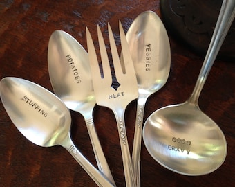 Holiday Dinner Serving Set of 5 hand stamped silverplate pieces,