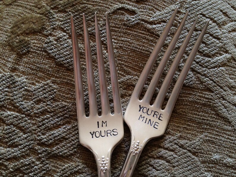 vintage silverware hand stamped wedding fork cake fork I Am Yours You Are Mine