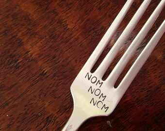 Nom Nom Nom   recycled vintage silverware hand stamped fork