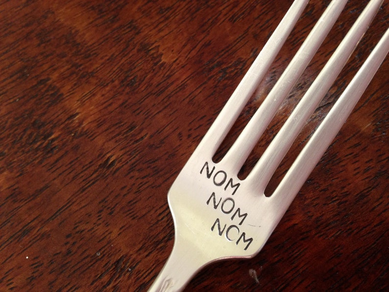 Nom Nom Nom recycled vintage silverware hand stamped fork