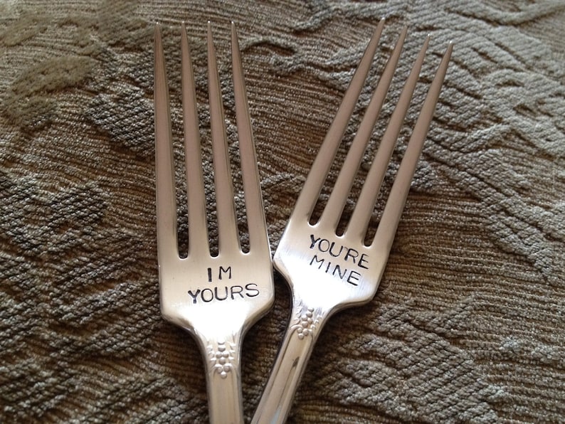 vintage silverware hand stamped wedding fork cake fork I Am Yours You Are Mine