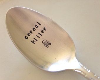 vintage recycled silverware hand stamped cereal spoon, cereal killer