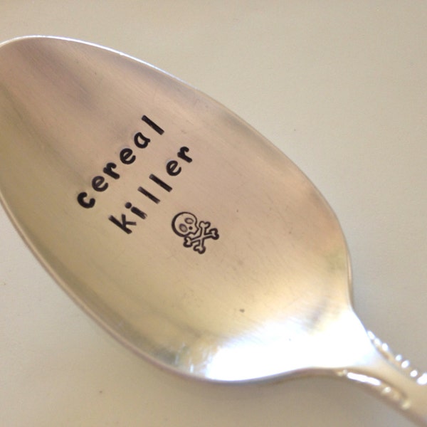 vintage recycled silverware hand stamped cereal spoon, cereal killer