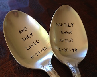 And they lived happily ever after  Wedding Spoons Hand Stamped Vintage Silverplate