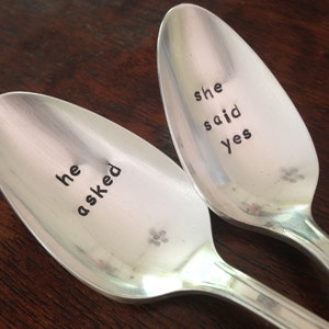 He Asked She Said Yes Hand Stamped Vintage Spoons for couples, wedding spoons Engagement Announcement image 2