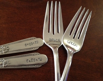 Bride & Groom Wedding Forks hand stamped bridal forks for cake cutting