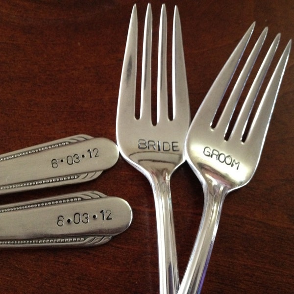 Bride & Groom Wedding Forks hand stamped bridal forks for cake cutting