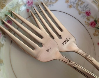 M and Mme   vintage recycled silverware hand stamped wedding fork cake fork