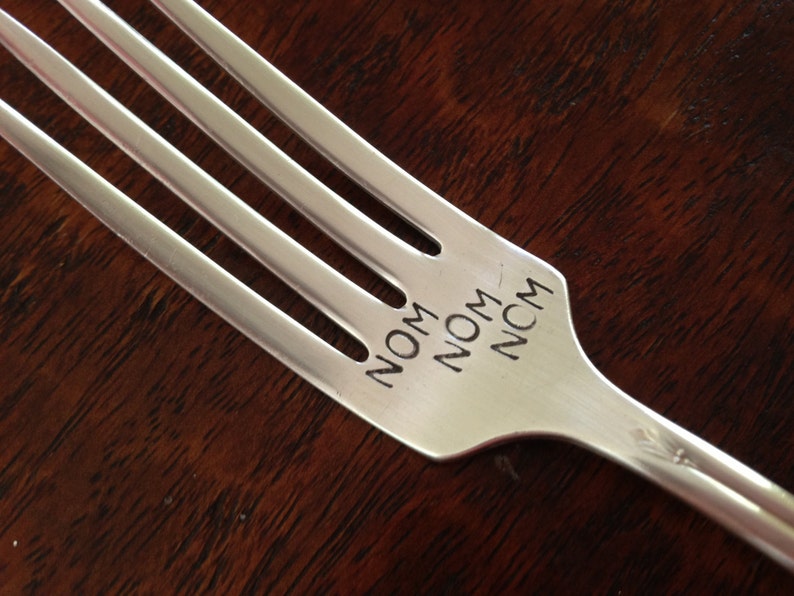 Nom Nom Nom recycled vintage silverware hand stamped fork
