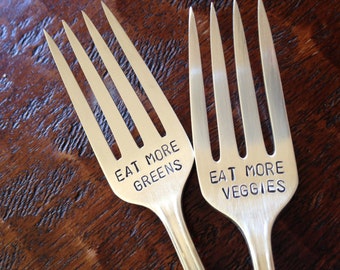 Eat More Greens, Eat More Veggies     vintage silverware hand stamped salad forks