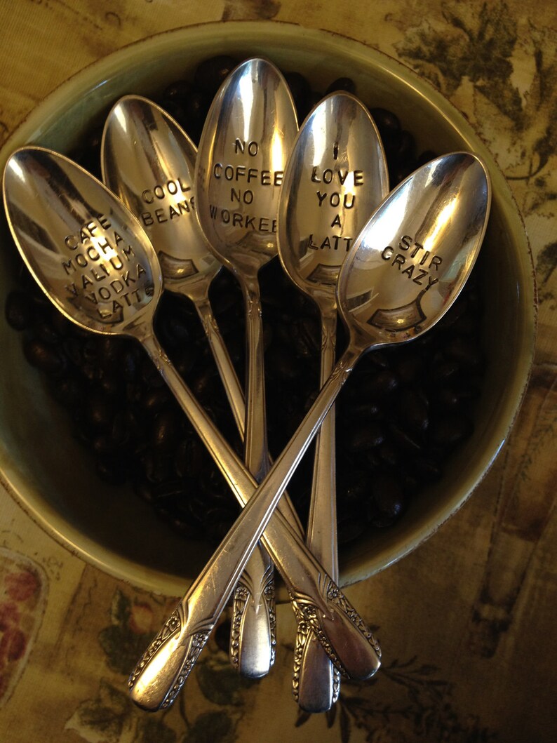 Choose 5 Hand Stamped Vintage Spoons for Coffee Lovers image 2