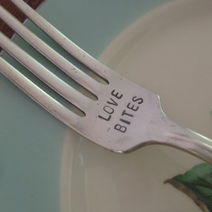 Love Bites recycled vintage silverware hand stamped fork image 1