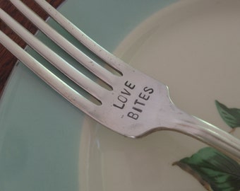 Love Bites   recycled vintage silverware hand stamped fork