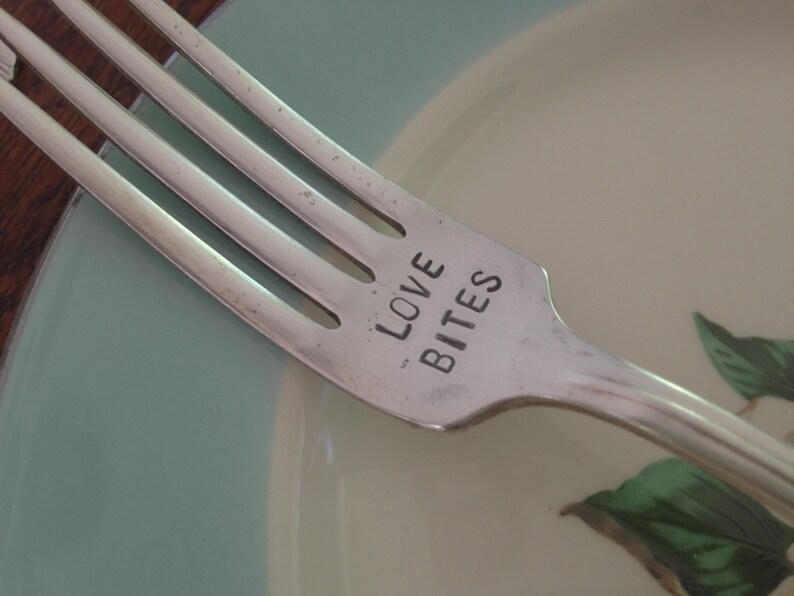 Love Bites recycled vintage silverware hand stamped fork image 1