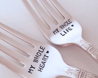 My Whole Heart, My Whole Life    recycled silverware  vintage silverware hand stamped pastry fork cake fork