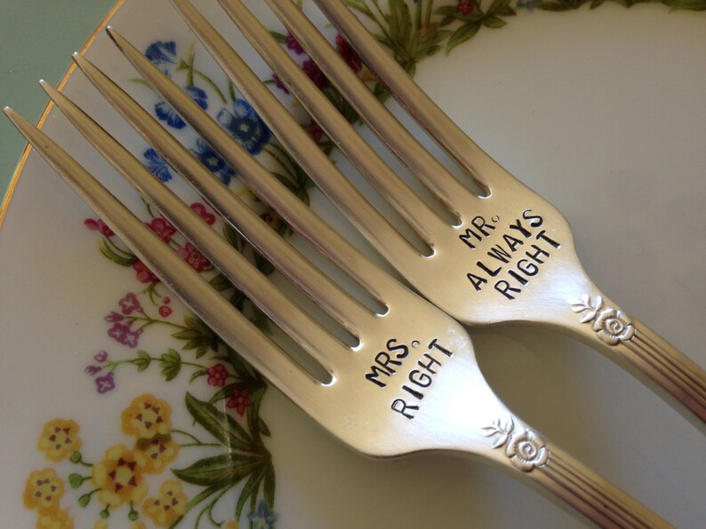 vintage silverware hand stamped wedding fork cake fork Mrs Right and Mr Always Right image 3