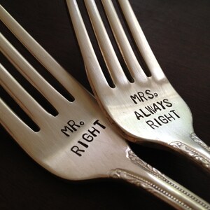 vintage silverware hand stamped wedding fork cake fork Mrs Right and Mr Always Right image 5