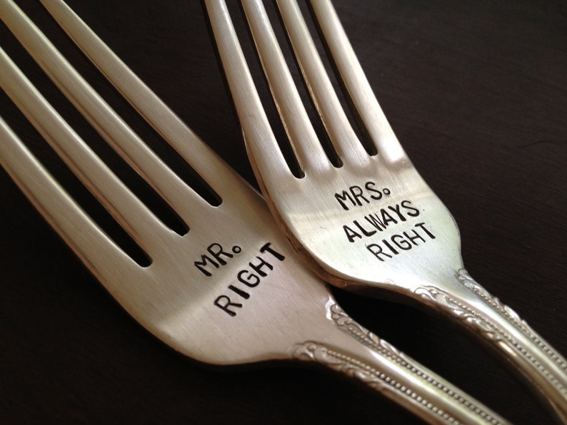 vintage silverware hand stamped wedding fork cake fork Mrs Right and Mr Always Right image 5