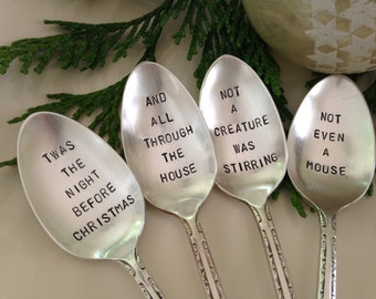 Recycled Silverware Christmas Spoons Hand Stamped   Twas The Night Before Christmas set of 4