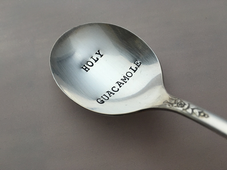 recycled silverware Holy Guacamole vintage silverware hand stamped spoon image 1