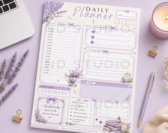 May include: A daily planner sheet featuring a lavender floral theme with sections for schedule, top priorities, to-do list, water tracker, notes, and self-care. The page includes text such as Daily Planner and Discipline today leads to the dreams tomorrow.