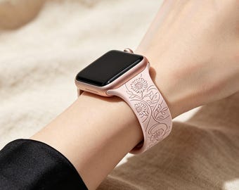Cinturino per Apple Watch con incisione floreale, in morbido silicone, compatibile con Apple Watch Ultra 2, Serie 10, 9, 8, 7, 6 e SE, misure 49 mm, 45 mm, 44 mm, 42 mm, 41 mm, 40 mm e 38 mm.