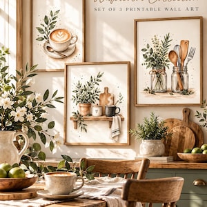May include: A set of three framed watercolor wall art prints titled Cozy Kitchen Watercolor Collection Set of 3 Printable Wall Art. The prints feature a coffee cup, a shelf with kitchen items, and jars with utensils in green and brown tones.