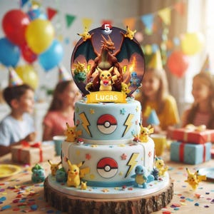 Op de afbeelding: Een lichtblauwe taart met twee lagen, versierd met gele bliksemschichten, rood-witte Pokéball-emblemen en kleine sterretjes. De taart bevat diverse Pokémon-figuren en een ronde topper met de naam Lucas en het cijfer 5.