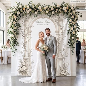 May include: A large wedding backdrop featuring a printed architectural archway with floral illustrations, the text Olivia & Ethan and November 21, 2026, topped with a lush arrangement of white roses and green eucalyptus leaves.