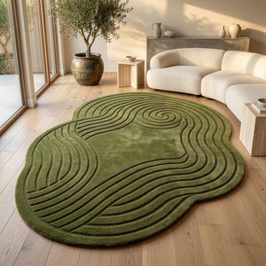 Green Wool Rug Irregular Shape Hand Tufted Wave Swirl Pattern Minimalist Luxury Rug For Living Room Modern Organic Area Rug Custom Size