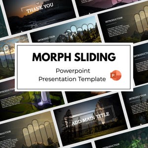 May include: A digital PowerPoint presentation template titled Morph Sliding, featuring multiple slide layouts with landscape photography backgrounds, dark overlays, white text, and rounded rectangular graphic elements for professional business use.