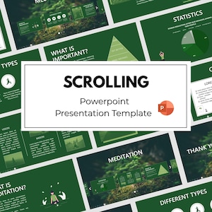 May include: A digital PowerPoint presentation template featuring a dark green color scheme with white text and graphics. The layout includes slides titled Scrolling, Meditation, Statistics, and What Is Important, showcasing charts, diagrams, and nature imagery.