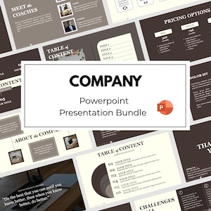 May include: A digital PowerPoint presentation bundle featuring multiple slide layouts with a dark brown and cream color scheme. The central text reads COMPANY Powerpoint Presentation Bundle, accompanied by sections for Meet the Coaches, Table of Content, Pricing Options, and About the Company with placeholder text and icons.