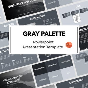 May include: A digital PowerPoint presentation template featuring a gray palette with various slide layouts including sections for statistics, reviews, comparisons, and introductions, all displaying placeholder text and the PowerPoint logo.