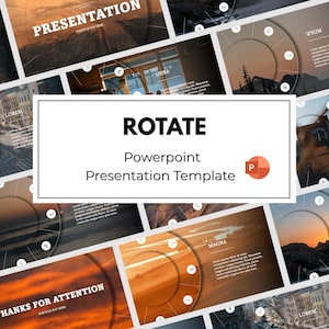 Puede incluir: Una plantilla de presentación de PowerPoint digital titulada ROTATE, que presenta una colección de diseños de diapositivas con elementos de navegación circulares, fondos de paisajes, texto de marcador de posición y un pequeño icono de PowerPoint naranja.