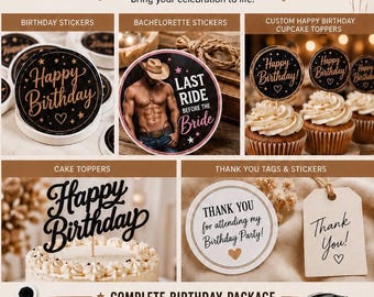 Custom Party Package: Cake Topper, Cupcake Toppers, Stickers, Tags